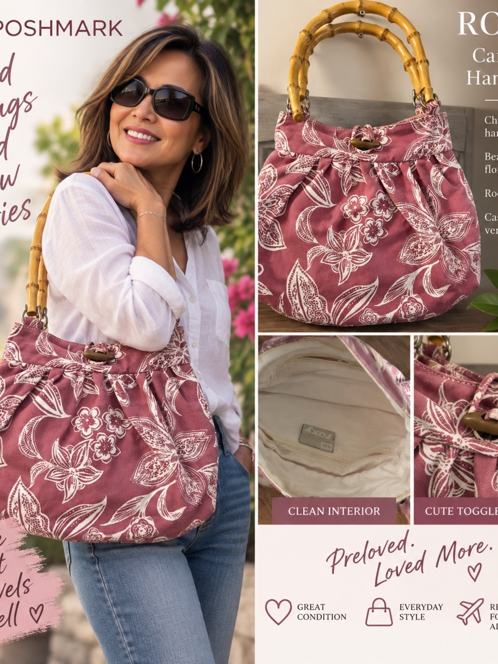 ROXY: Floral Canvas Bamboo Handle Handbag Boho Y2K Pink Purse